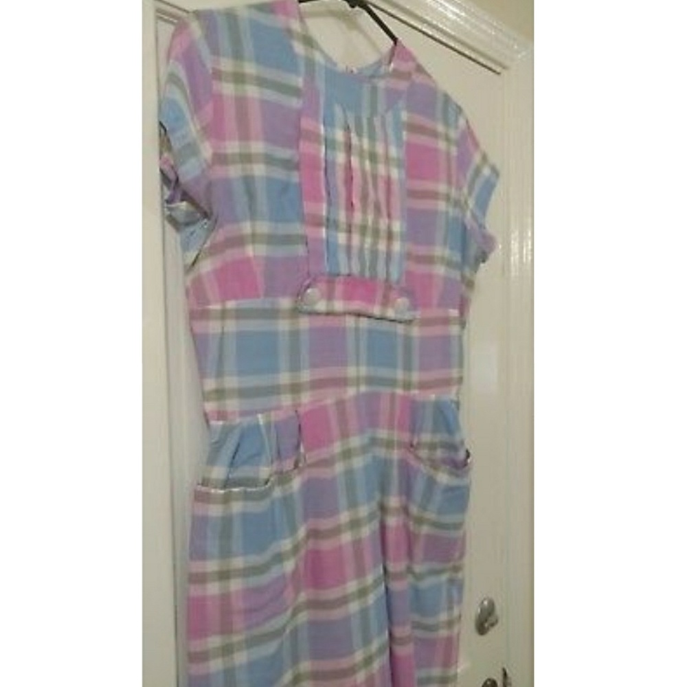Vintage Pastel Candy Plaid Midi Maxi Dress M L